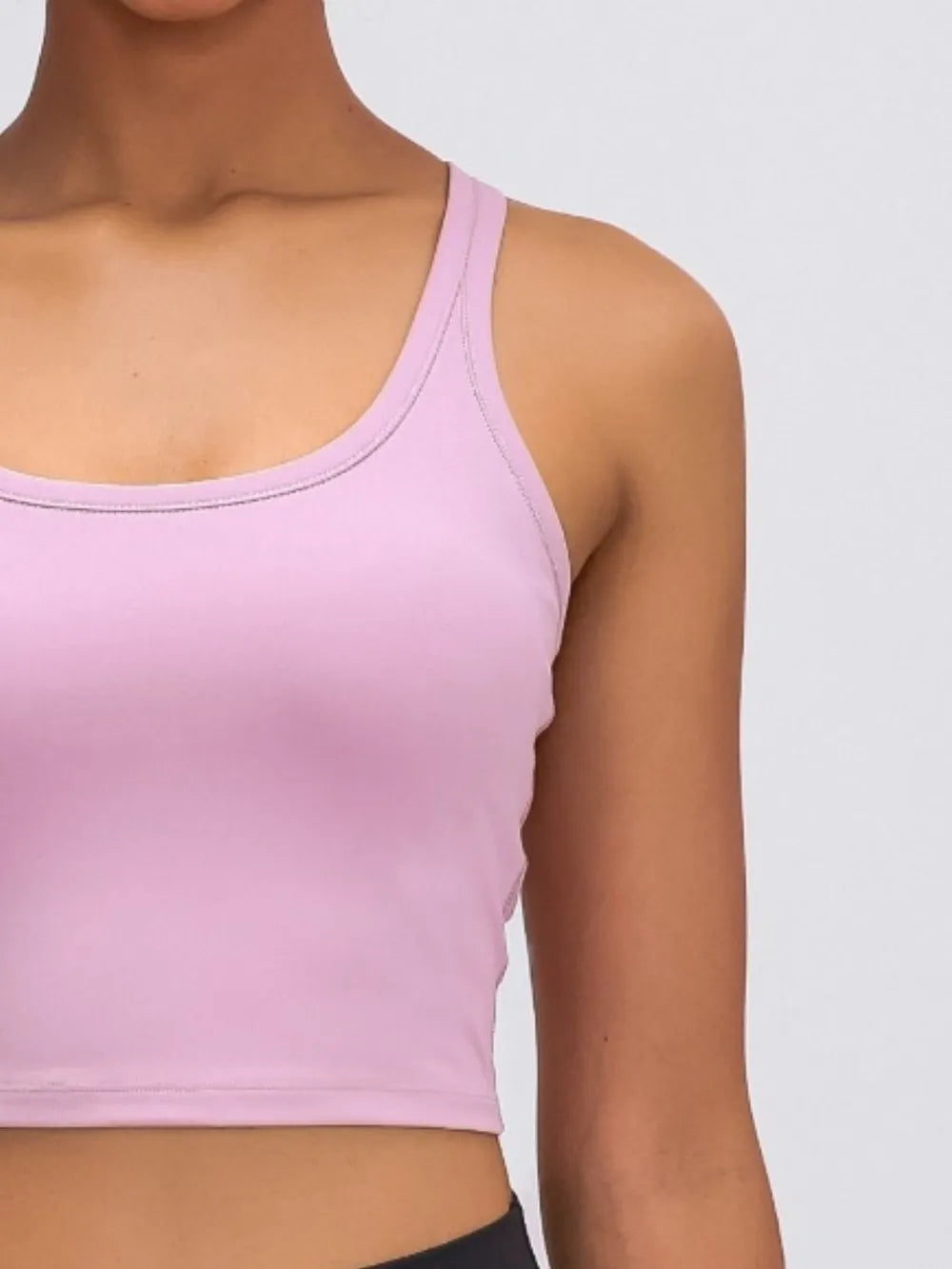 Lavender active scoop-neck tank top, close-up of front