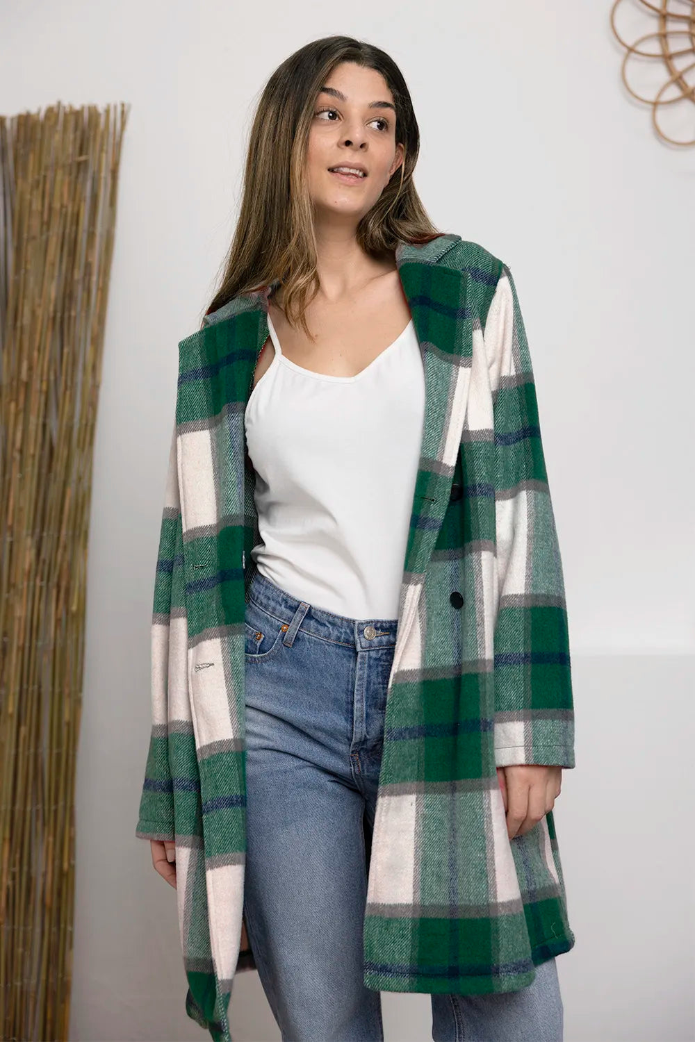 Plaid button-up coat with lapel collar in green, white, and cream block checks