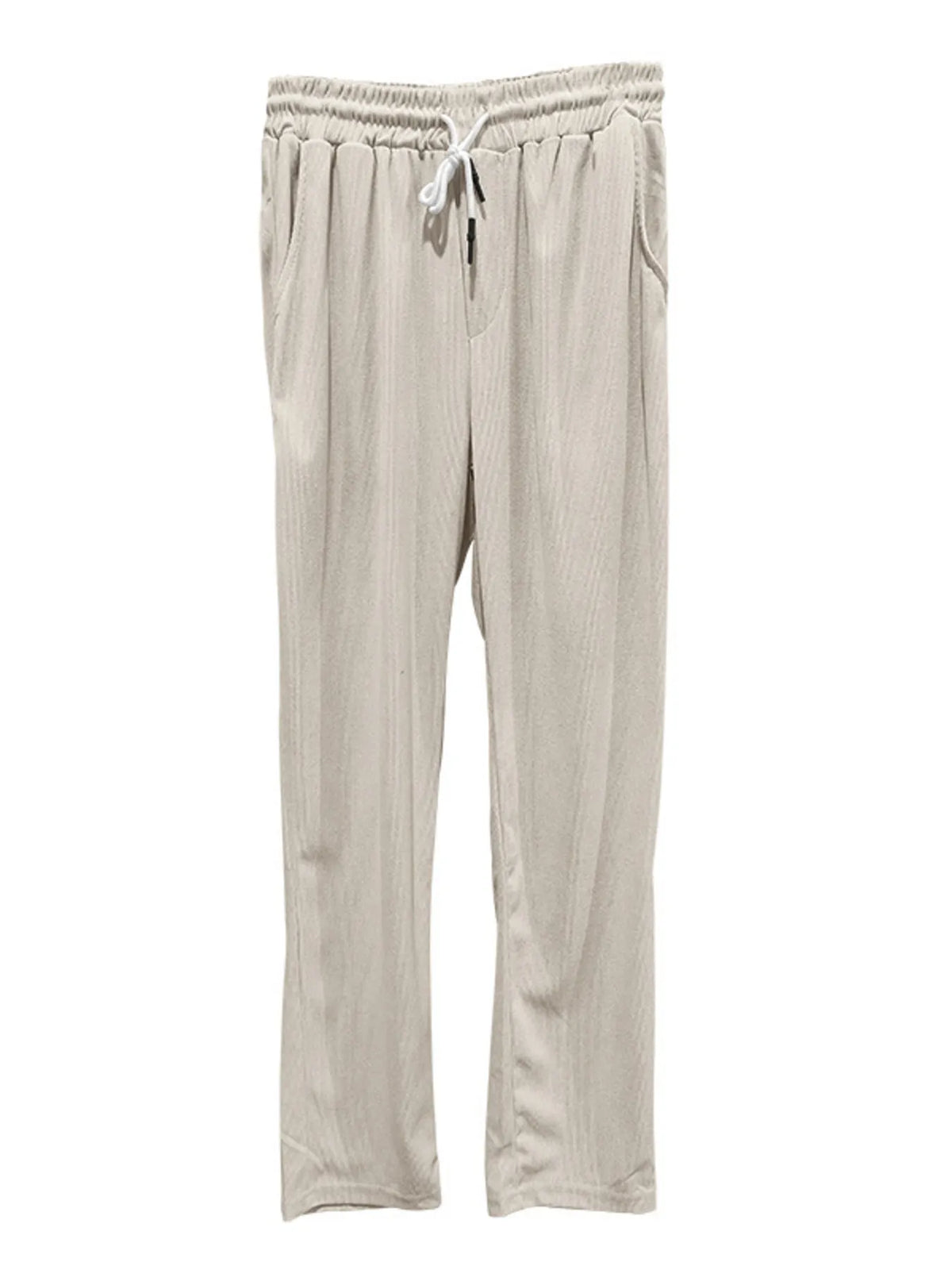 Light beige men’s straight-leg drawstring pants with elastic waistband