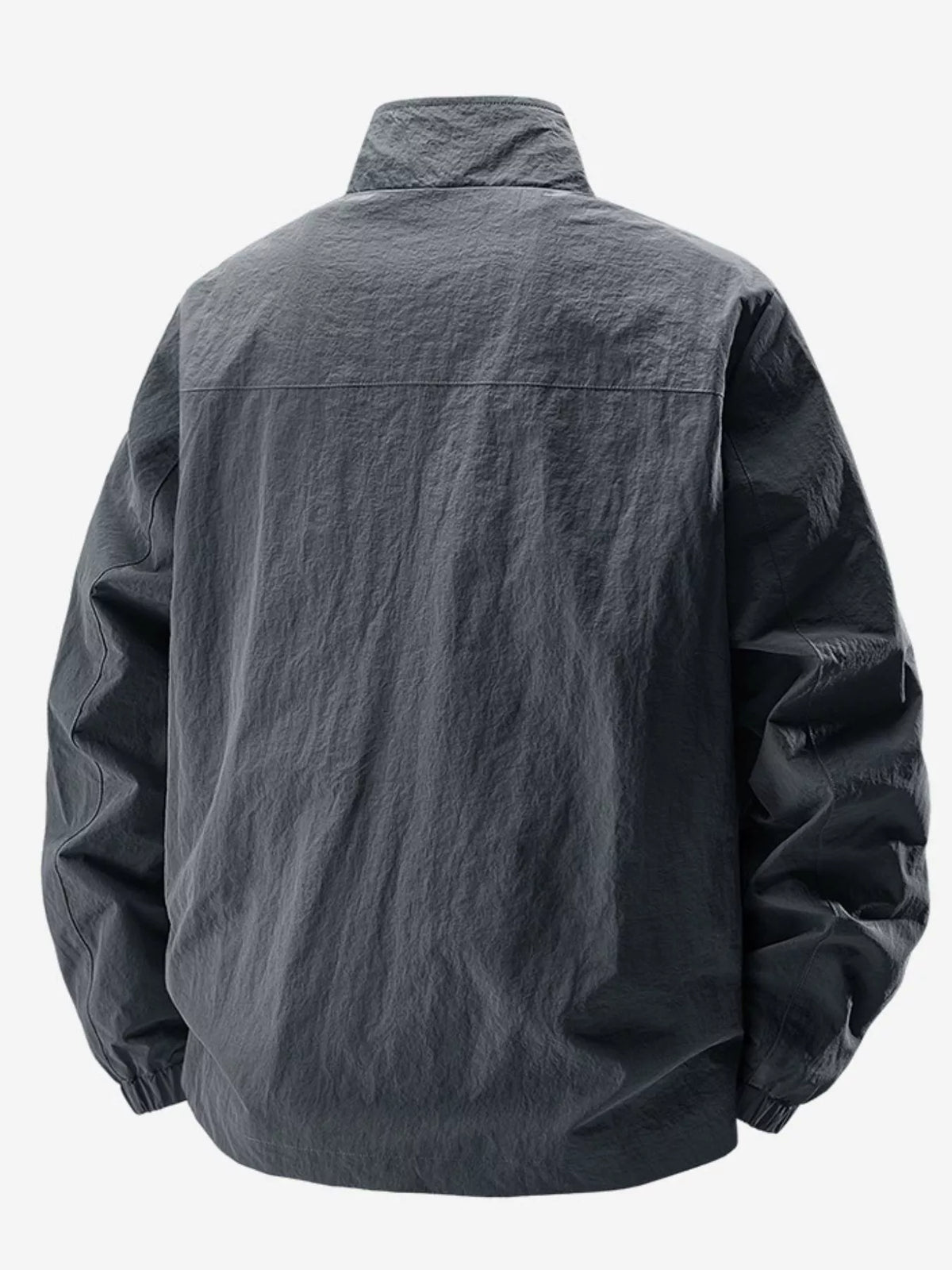 Dark gray zip-up long sleeve jacket with stand collar and zippered side pockets