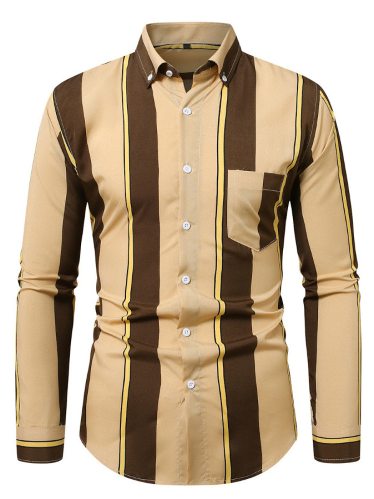Men's slim fit striped button-up cotton shirt, tan with brown and yellow vertical stripes