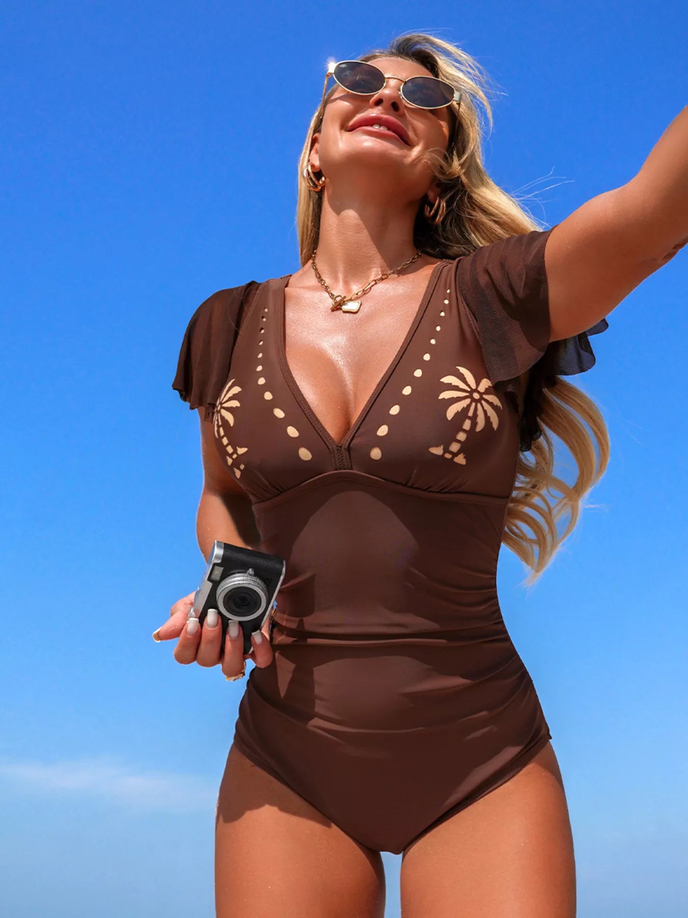 Ruffle Sleeve One-Piece Swimsuit in brown with ruffled chest detail