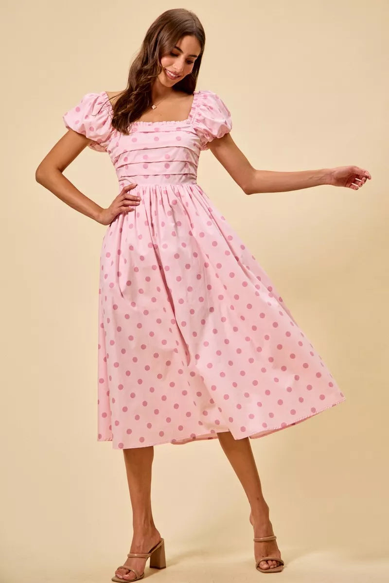 Cedar & Moore SO ME Polka Cotton Print Short Sleeves Midi Dress in pink with polka dots