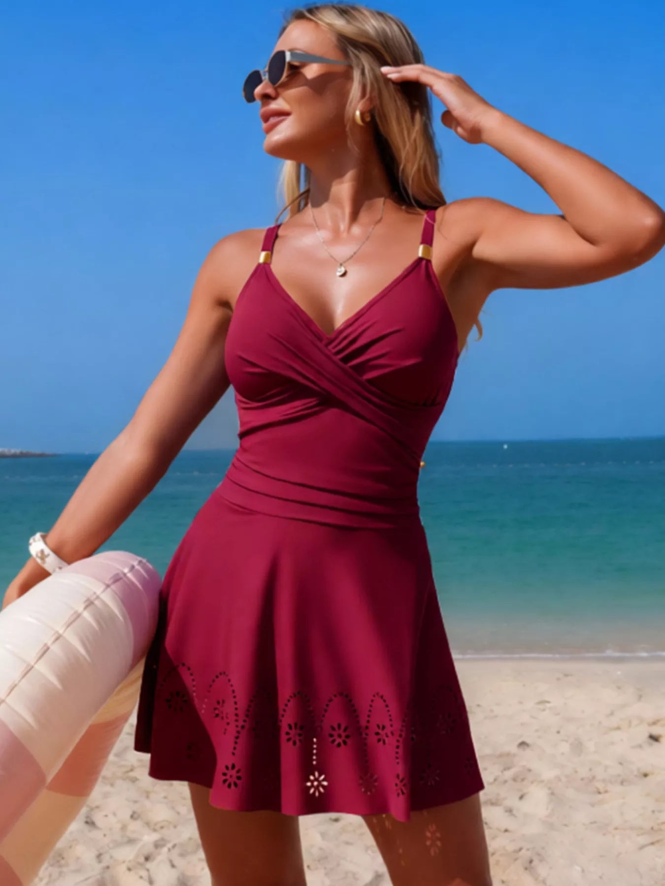 Trendsi Crossover Ruched One-Piece Swim Dress, burgundy, front-crossed ruched bodice