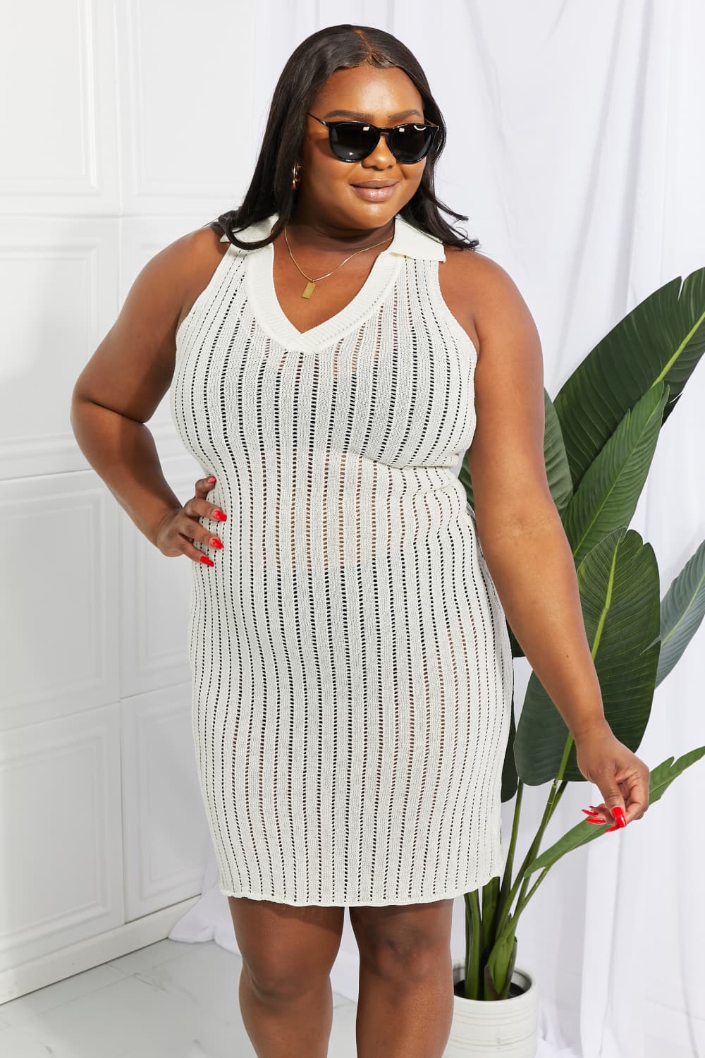 Openwork knit V-neck sleeveless cover-up dress, white, straight knee-length hem