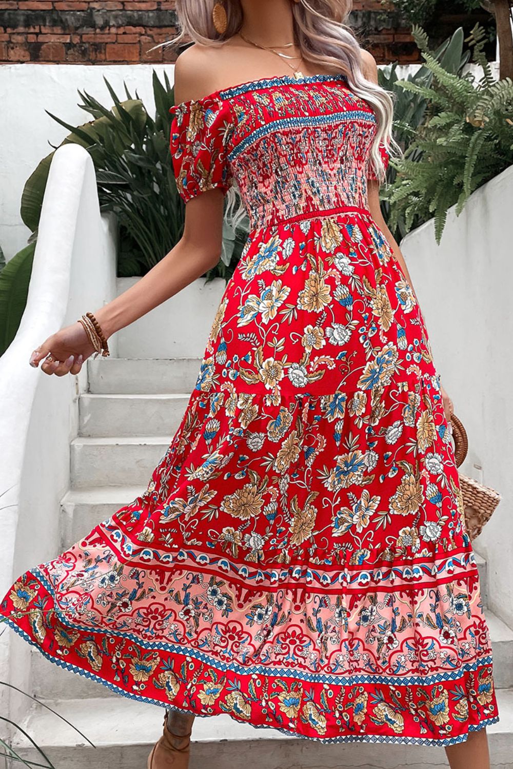 Deep red floral off-shoulder smocked midi dress with patterned tiered hem border