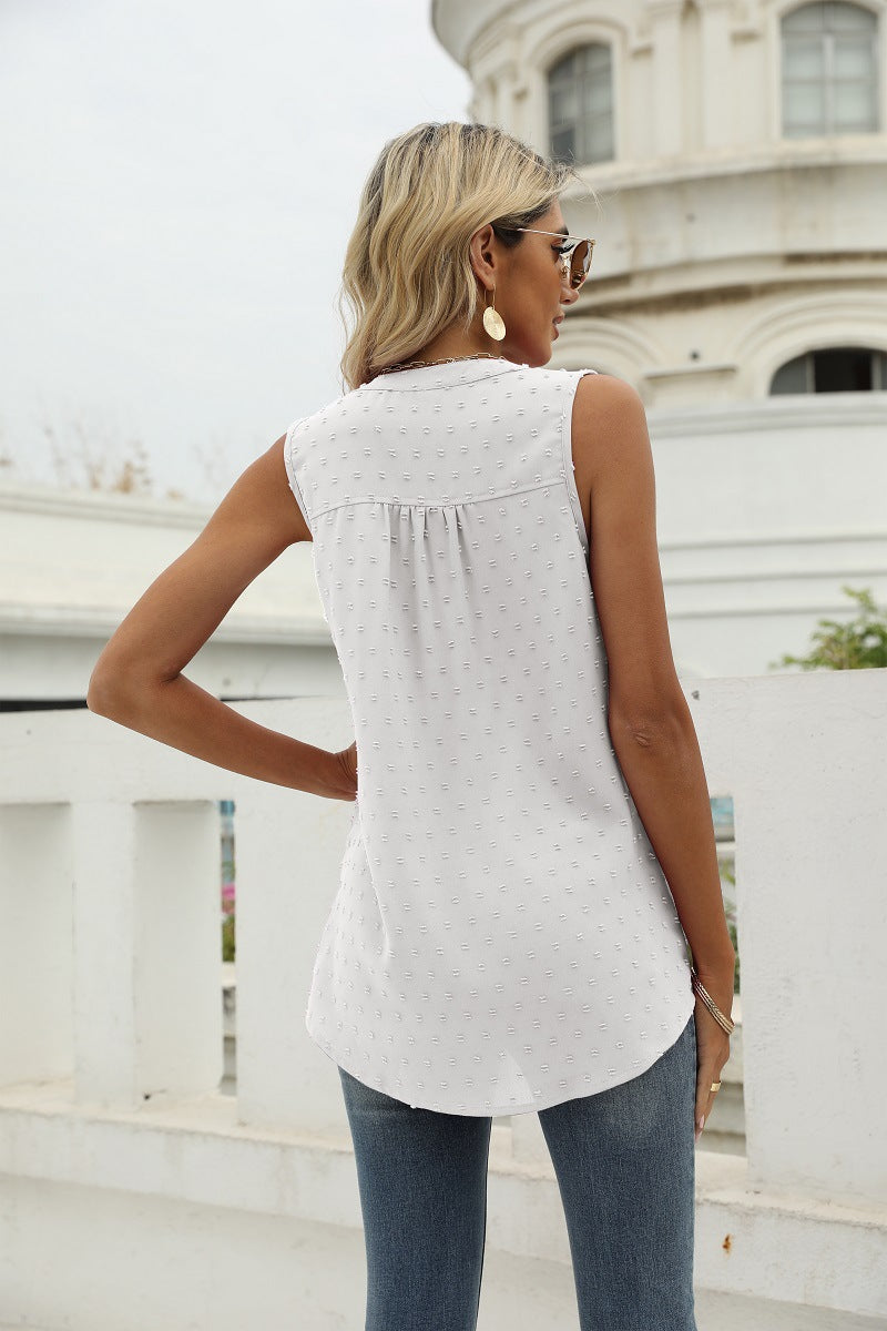 White Swiss-dot back tank with gathered yoke and sleeveless silhouette