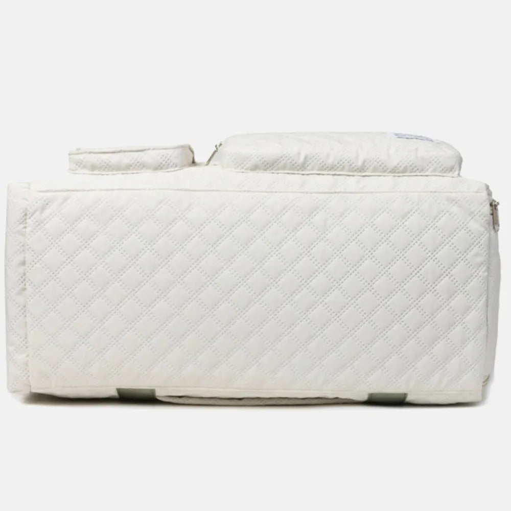 White duffel travel bag back panel with side zipper and carry handle
