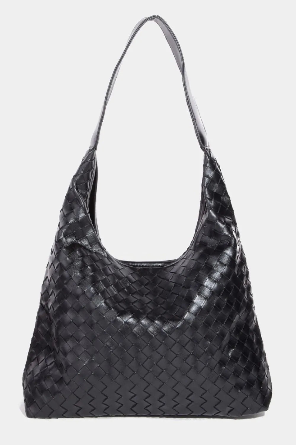 Woven faux leather tote bag with soft top handles, dark woven texture
