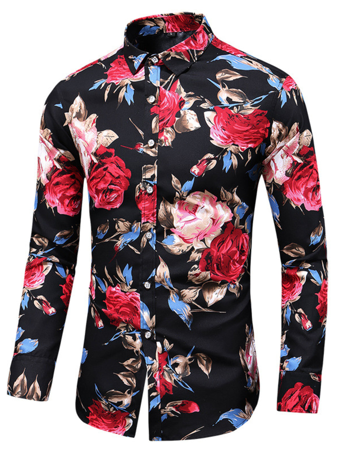 Men's long sleeve floral button-down shirt with red roses on black background