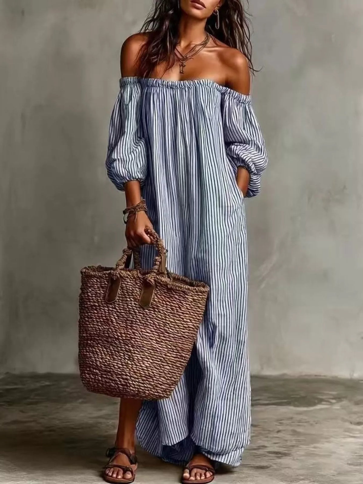 Off-shoulder striped maxi dress with puff sleeves, smocked bodice, blue vertical stripes