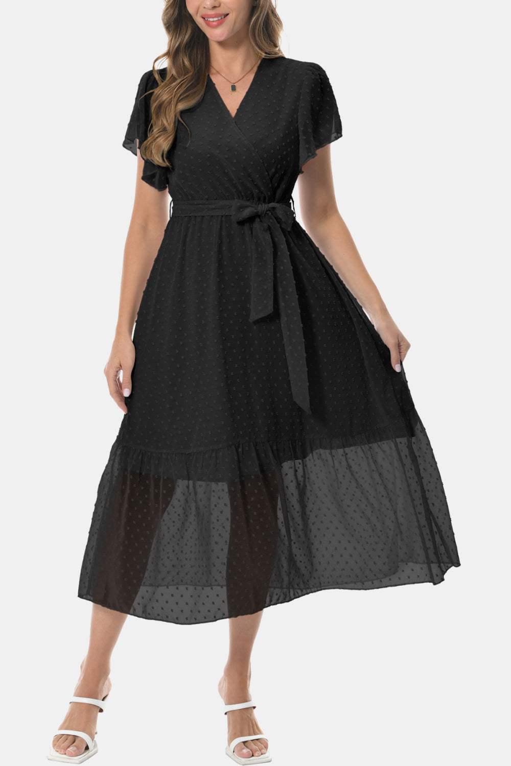Black surplice V-neck flutter-sleeve dress with tie waist and tiered midi hem