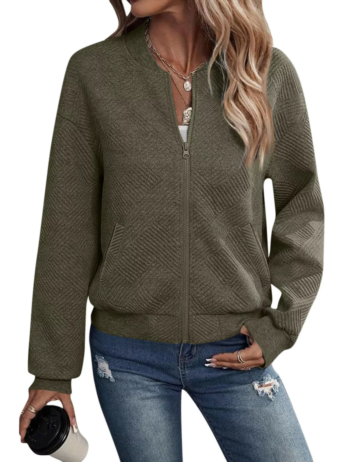 Olive green textured knit zip-up jacket with long sleeves and front pockets