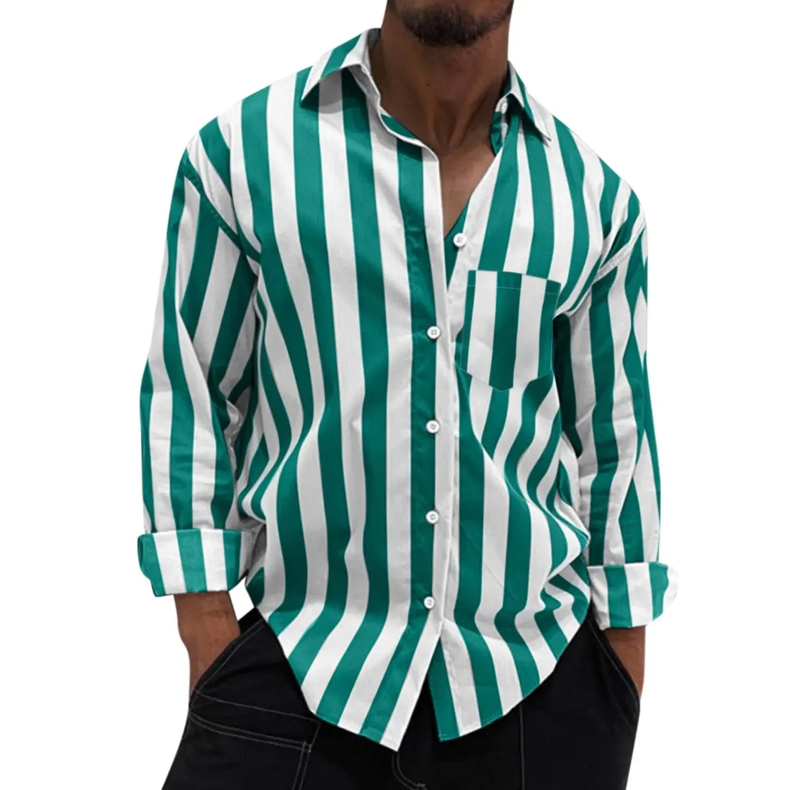 Green-and-white striped button-down long-sleeve shirt, button front, collar