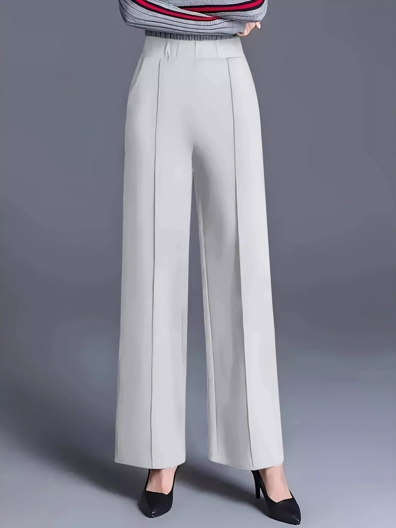 Wide-leg pants with high waist in white, tailored front with wide straight legs
