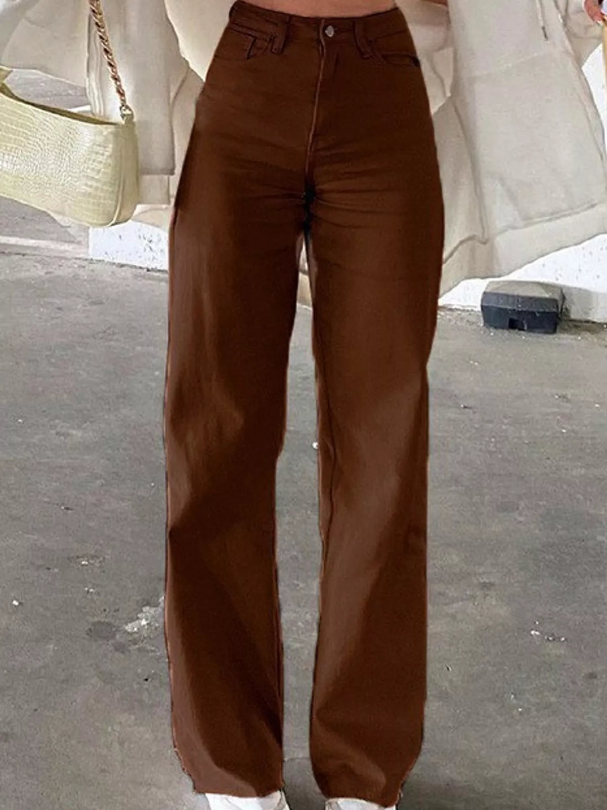 High-waisted vintage wash denim jeans, dark brown, wide straight-leg fit