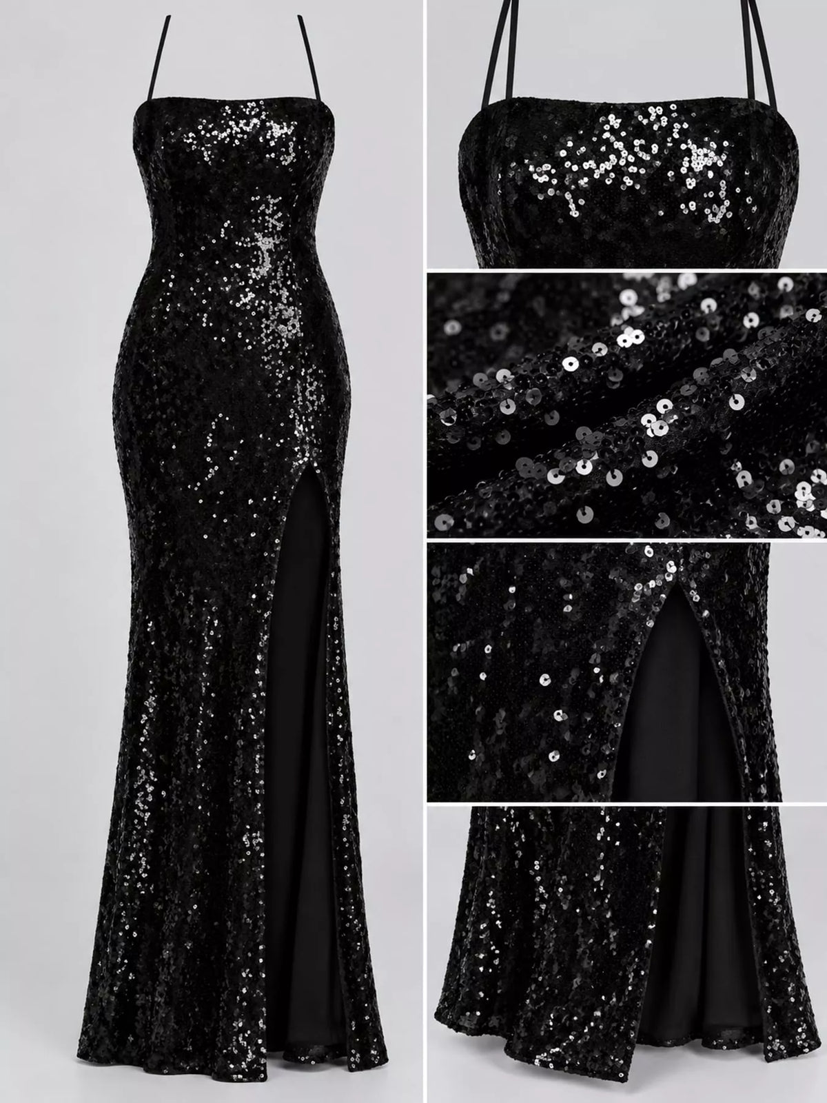 Black sequined bodycon evening dress detail view with sweetheart neckline and side slit