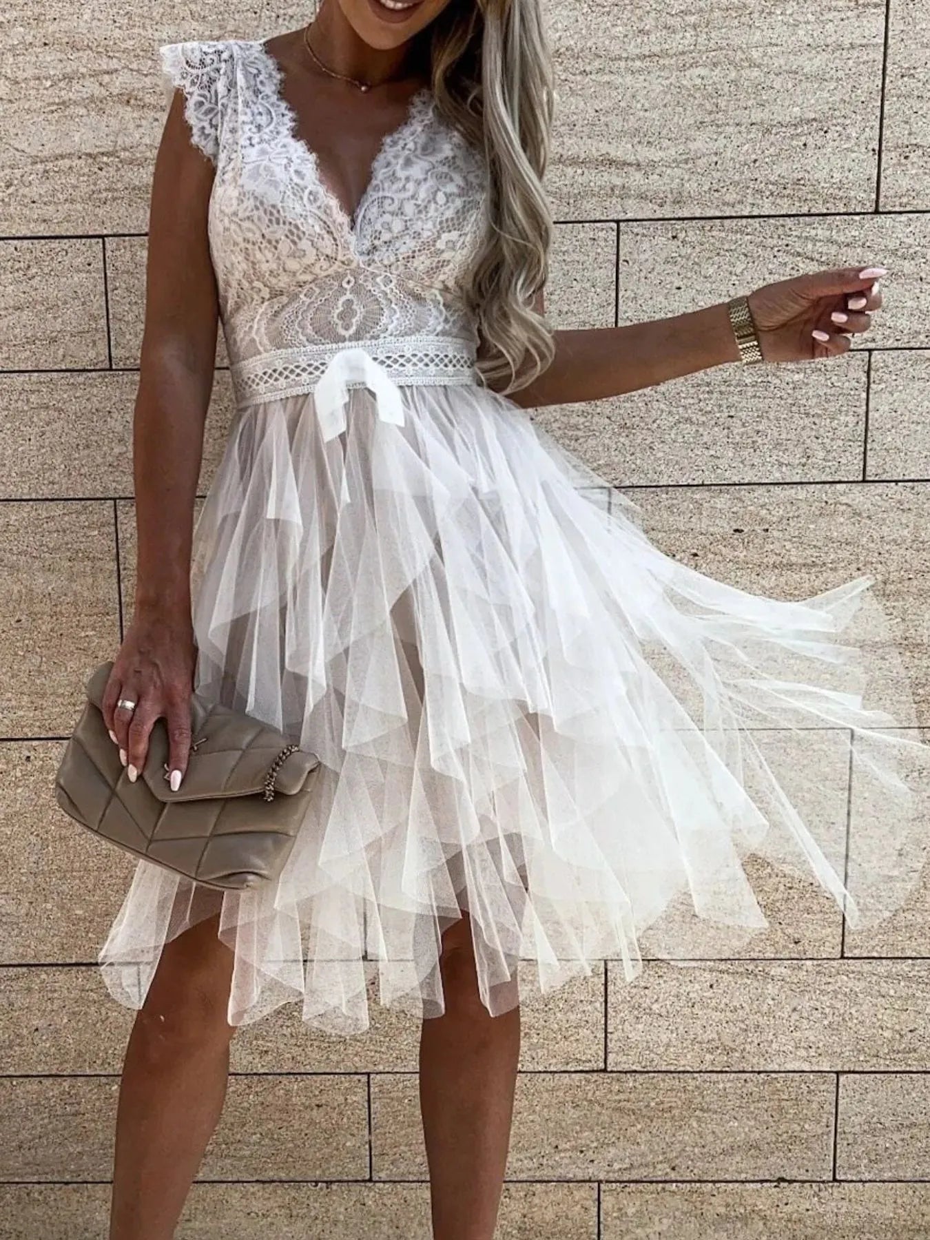 Lace V-Neck Ruffle Dress by Trendsi, ivory lace bodice with tiered tulle skirt and belted waist