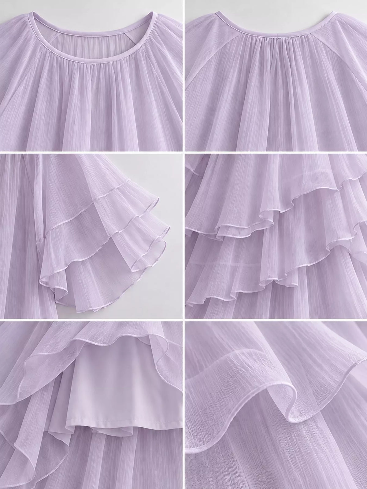 Lavender tiered ruffle detail on bohemian maxi dress with gathered round neckline