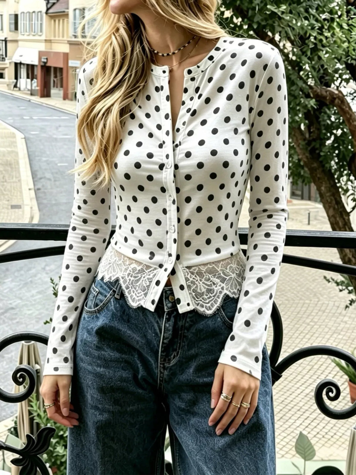 White polka dot long sleeve lace button-up top with scalloped lace bottom