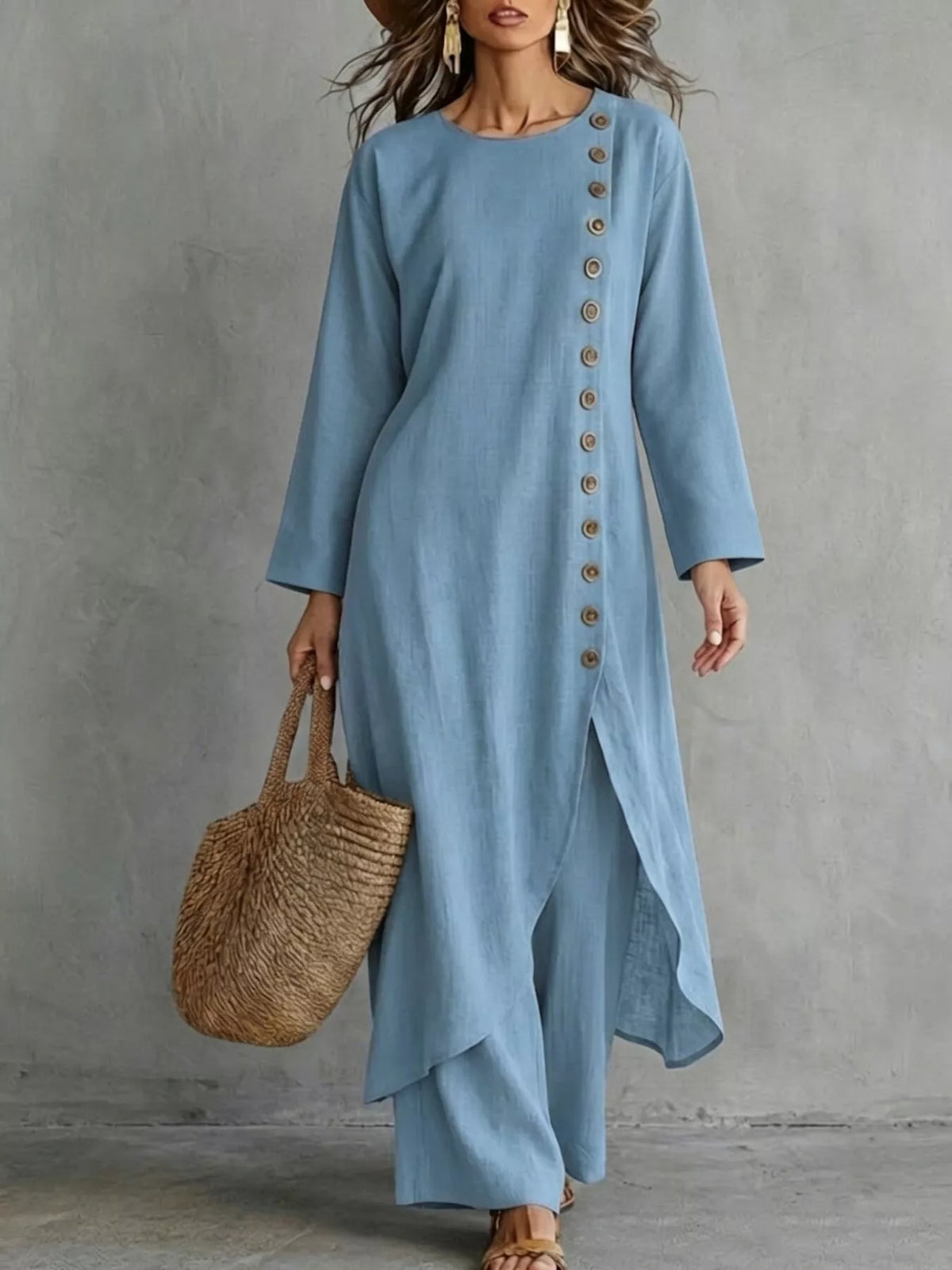 Light blue longline top and pants set, round neck, side-button placket, draped asym hem