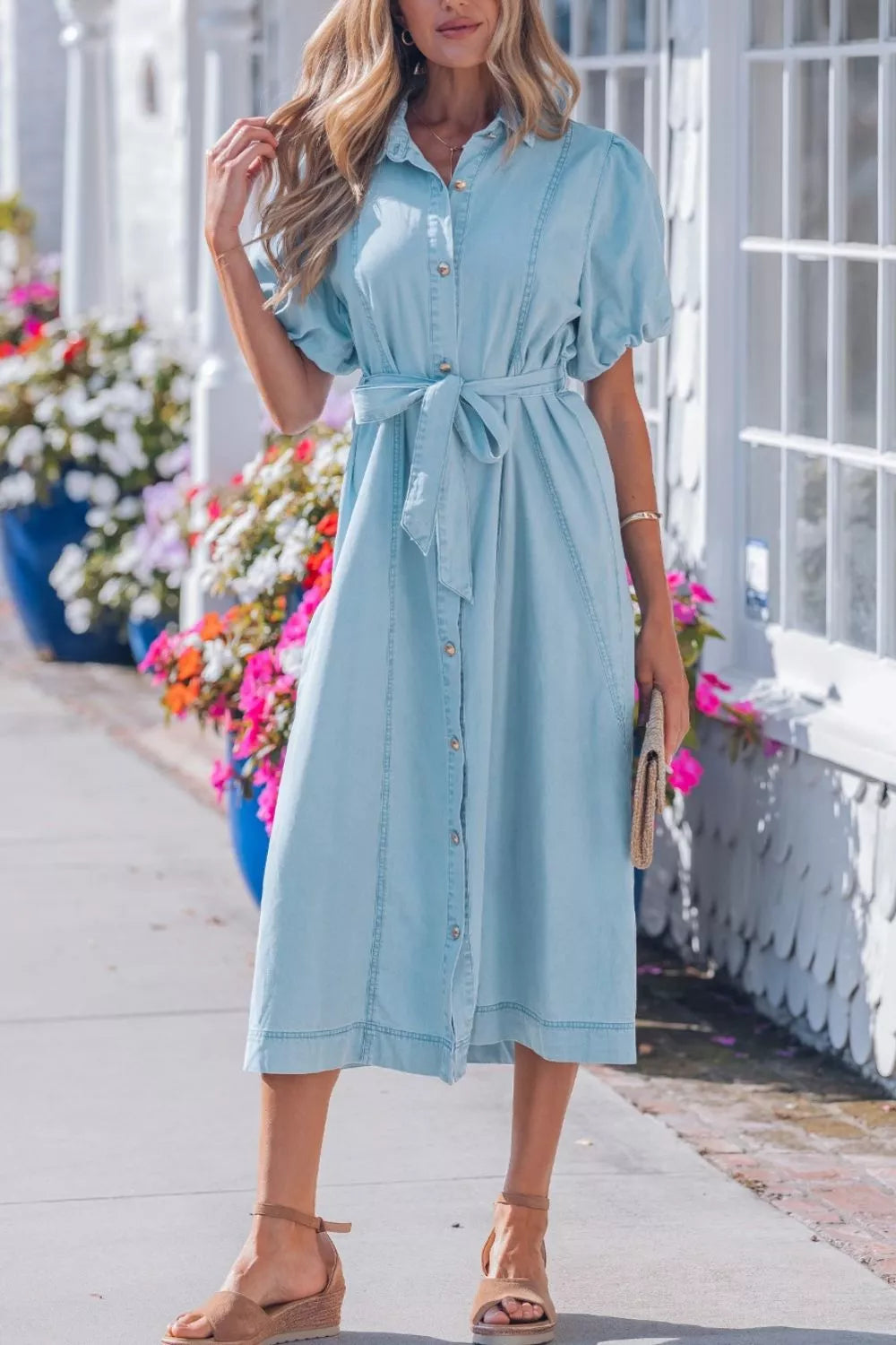 Cedar & Moore Denim button-front collared dress, light blue, belted midi with bubble sleeves