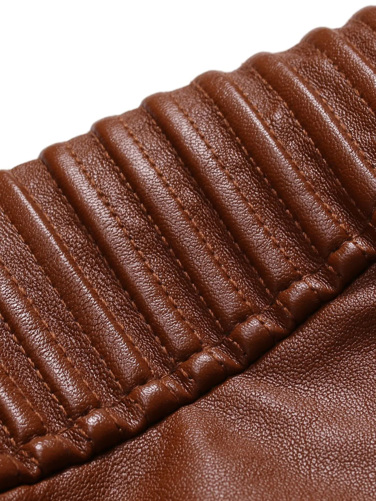 Brown leather motorcycle jacket ribbed quilted cuff detail