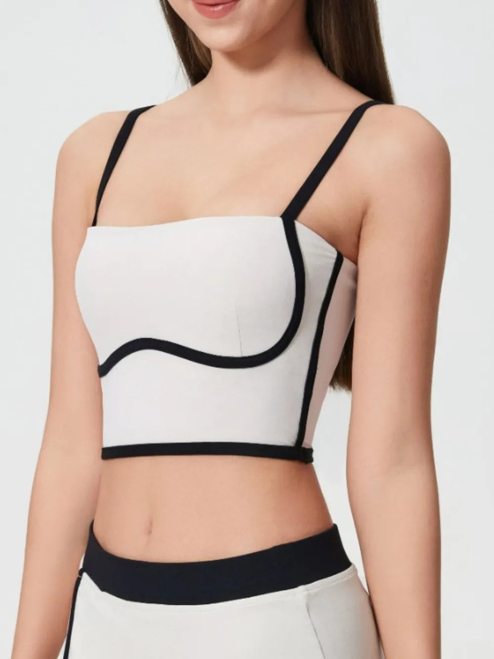 Active cami top, square neckline, white with black contrast trim and detachable chest pads