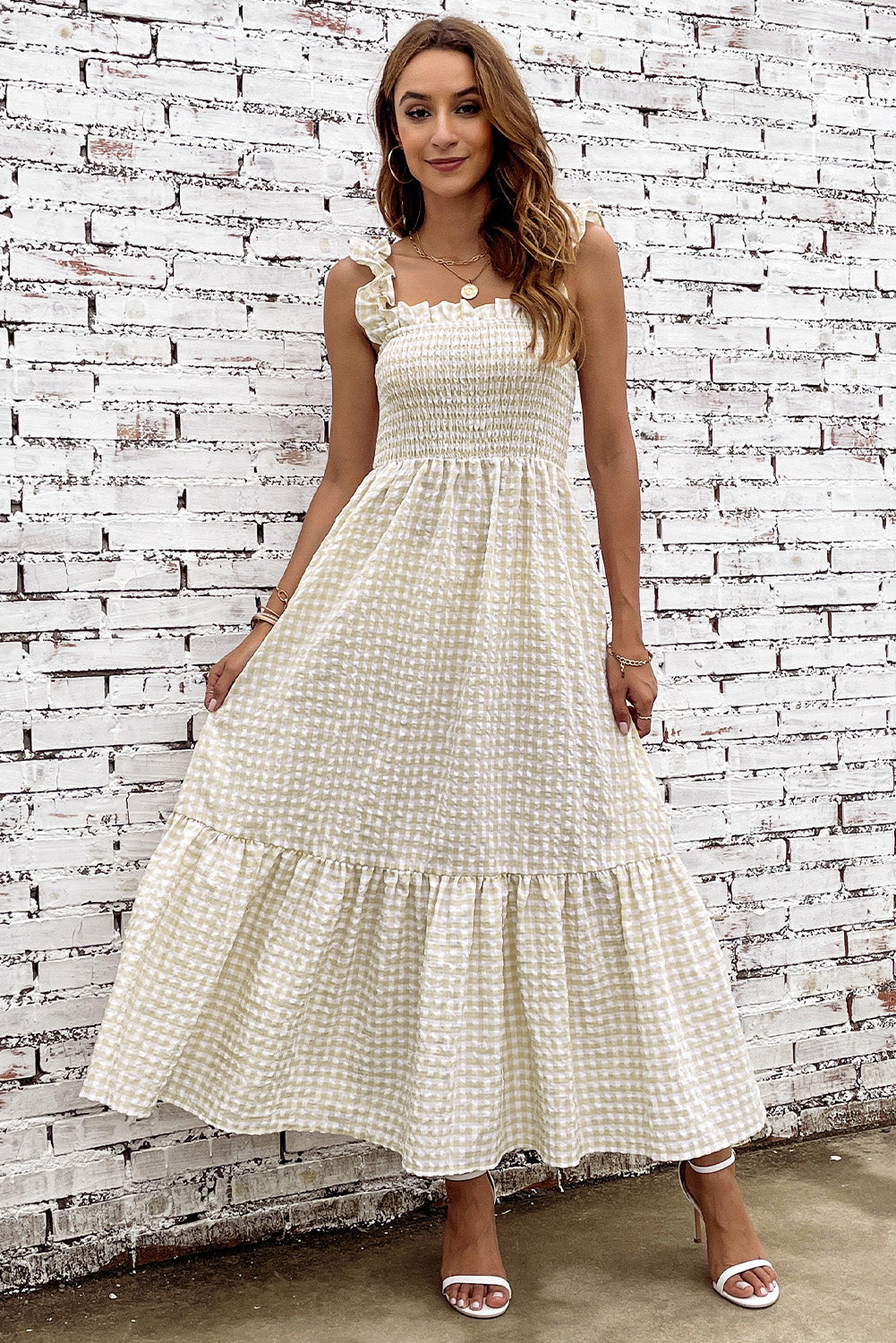 Front square-neck plaid dress in cream with ruffle straps and gathered tiered skirt