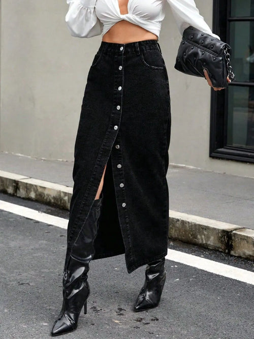 Black button-front denim skirt with long front slit and seamed panels