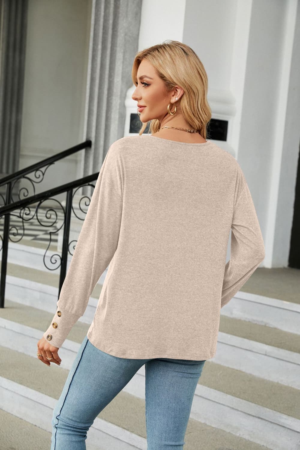 Cedar & Moore V-Neck Long Sleeve T-Shirt in beige solid knit, relaxed-fit top worn by model with jeans