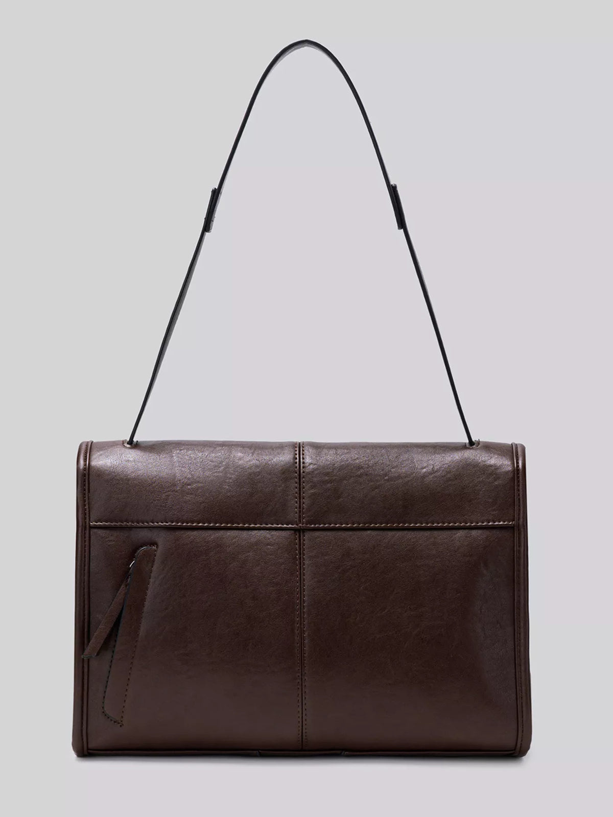 Brown vegan leather messenger shoulder bag with front panel seams and top strap