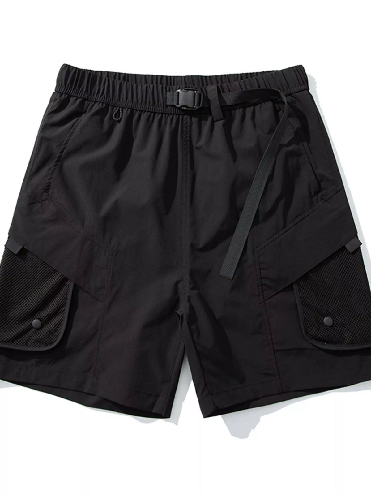 Men's lightweight cargo shorts in black with elastic waist and side mesh pocket panels