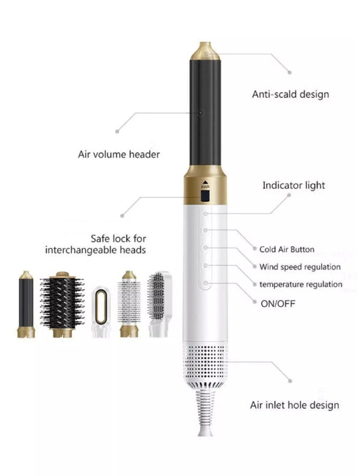 White hot air brush styler with gold top, cooling button, and airflow inlet holes