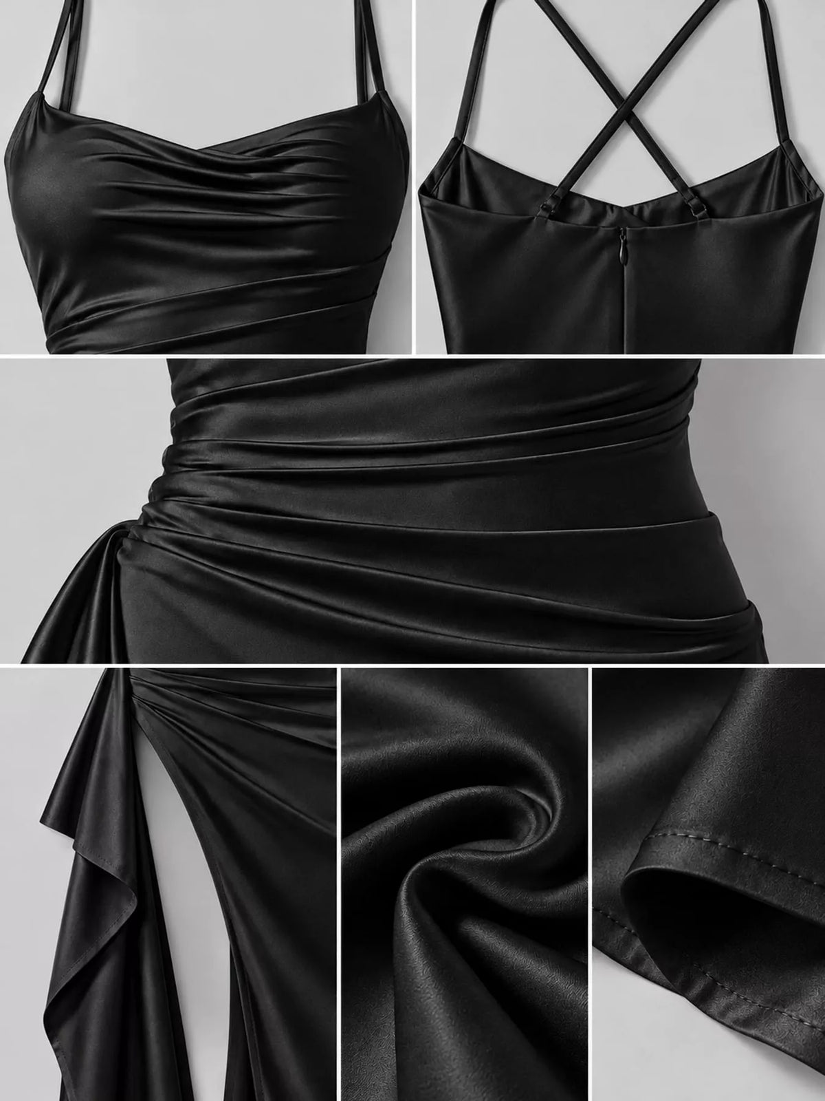 Black satin ruched maxi dress detail with spaghetti straps and high side slit