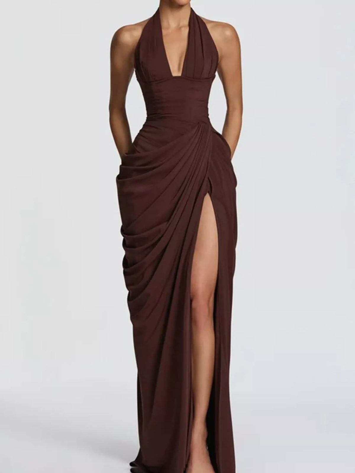Brown halter neck maxi dress with ruched drape and high slit detail