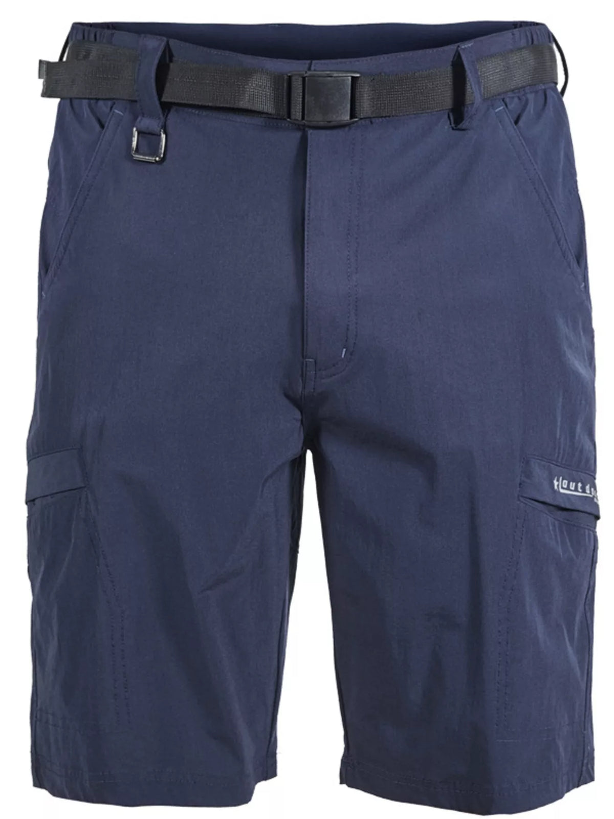 Navy cargo shorts with adjustable waist belt, belt loops, and side cargo pockets