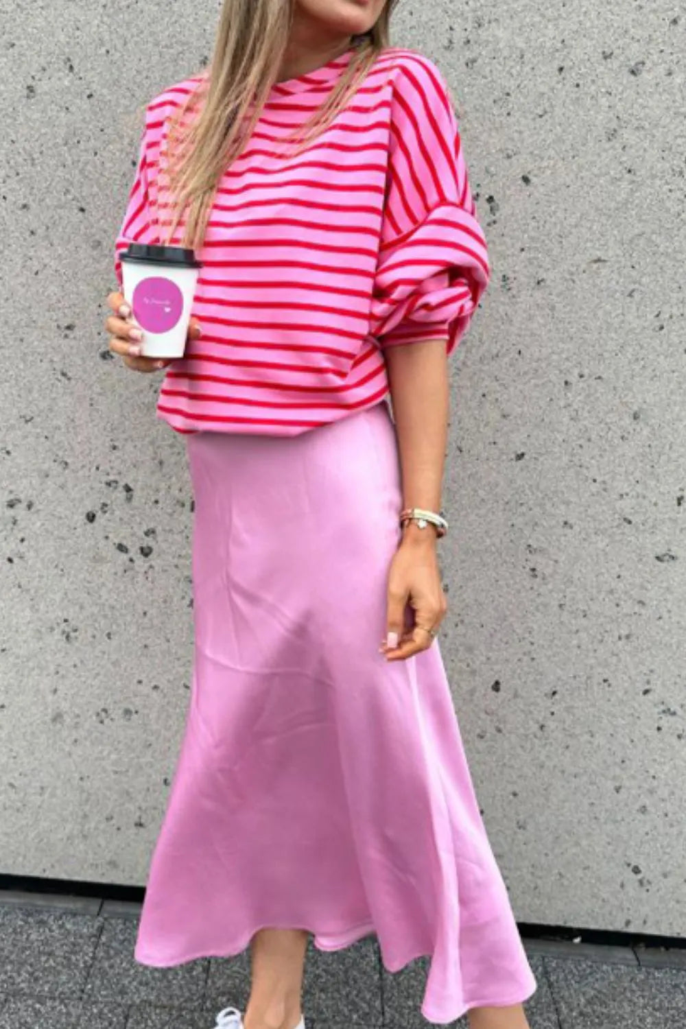 Hot pink striped round-neck long-sleeve sweatshirt
