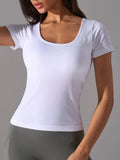 White square-neck active t-shirt with ribbed knit and short sleeves