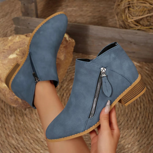 Dusty blue ankle boot with block heel, side zipper and pull tab