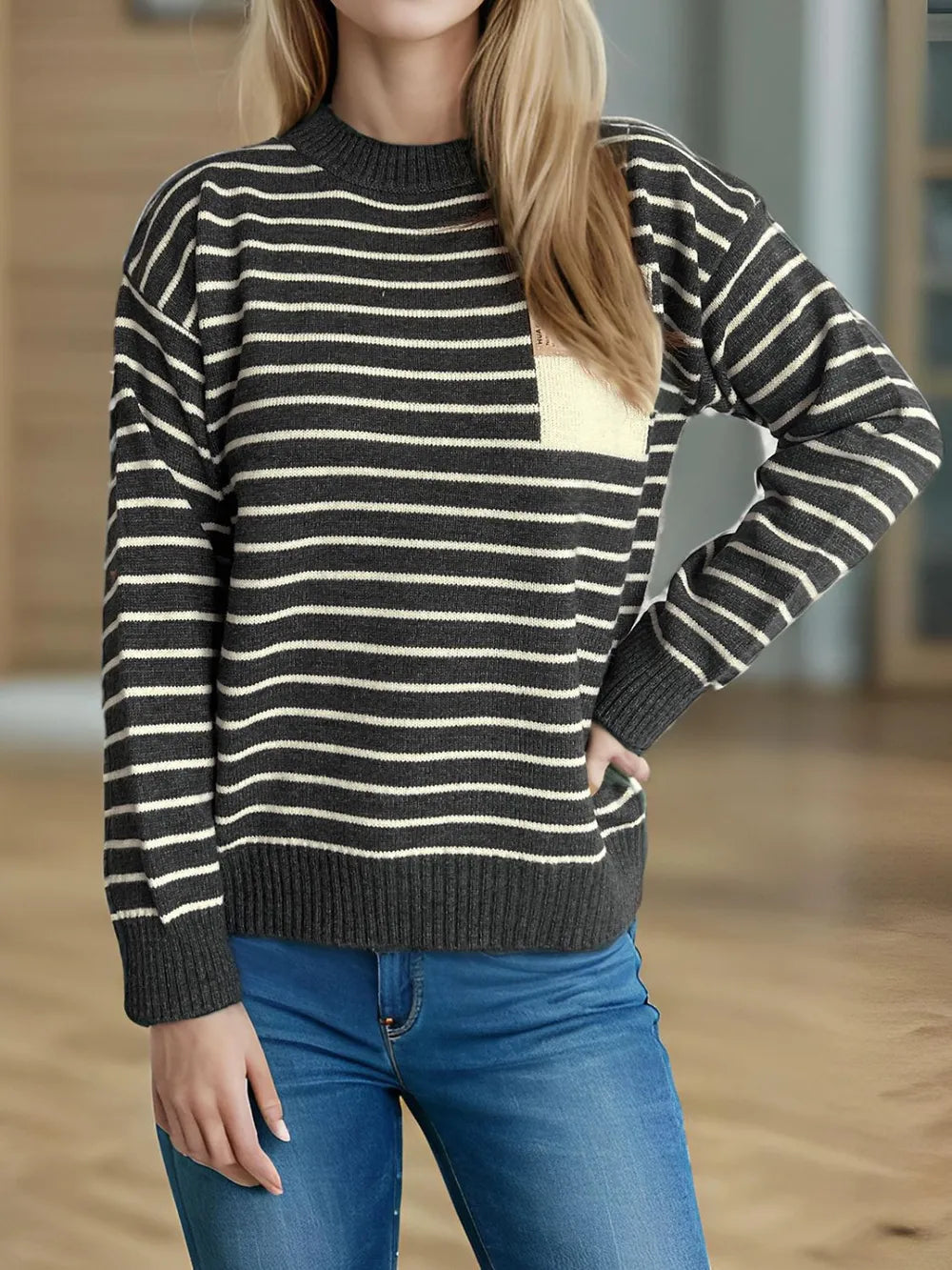 Striped mock neck long-sleeve sweater, dark base with cream thin horizontal stripes