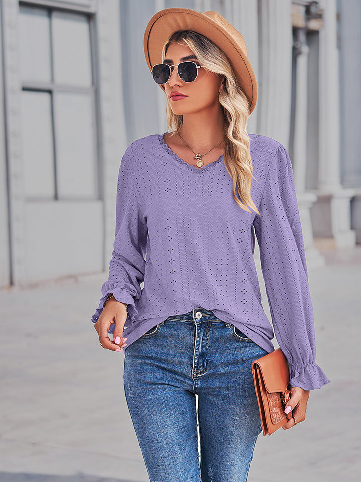 Lavender eyelet V-neck flounce-sleeve blouse with long ruffled cuffs