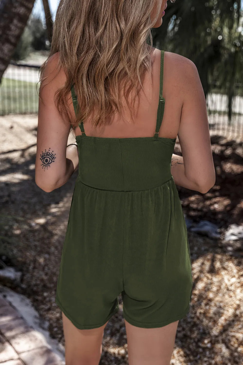 Army green back view romper with spaghetti straps and gathered waist