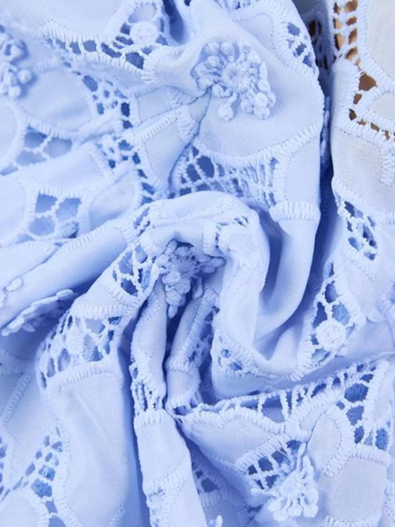 Cedar & Moore Floral Lace Short Sleeve Midi Dress in light blue with intricate floral lace pattern