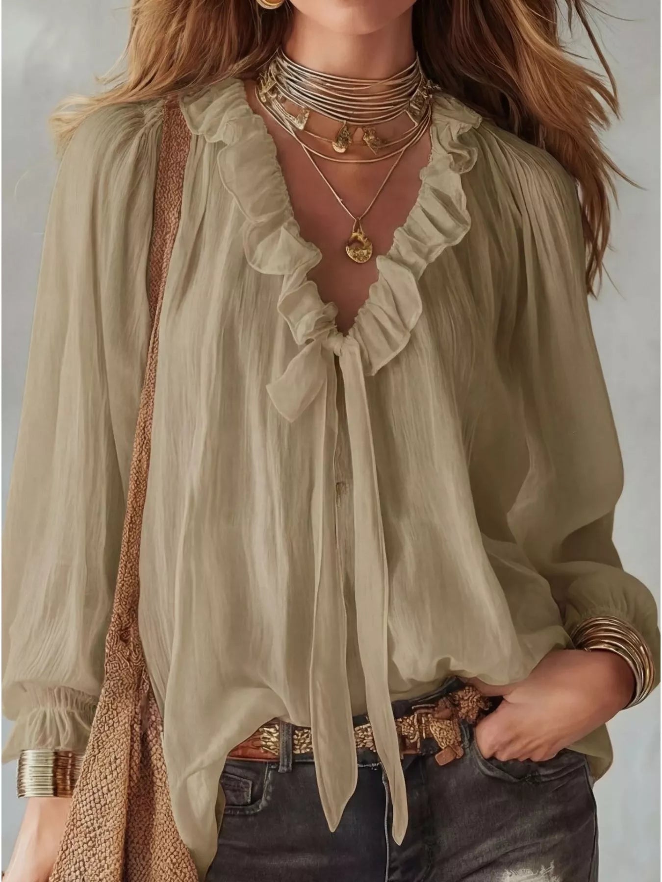 Oatmeal ruffle long-sleeve blouse with layered V-neck ruffles and drawstring