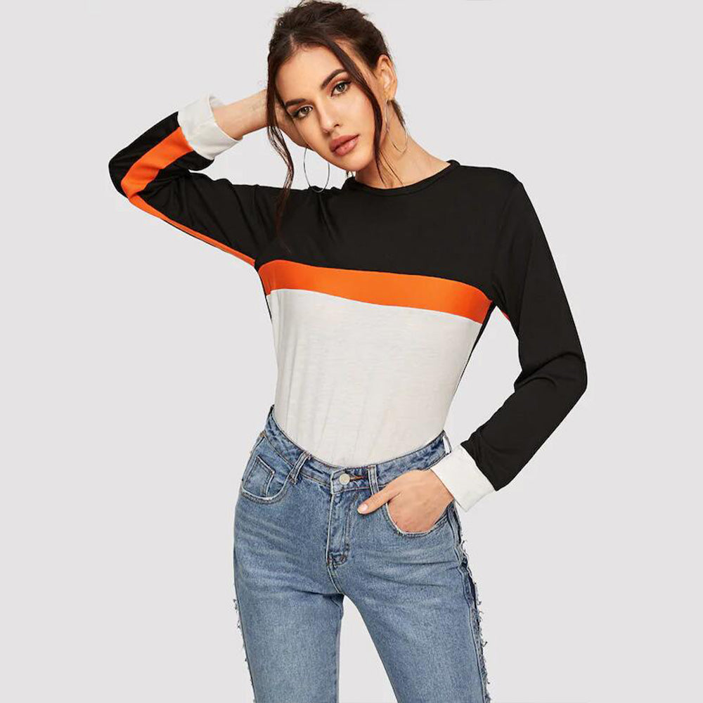 Cedar & Moore Shiny color-block round-neck long-sleeve tee in black, orange, and cream.