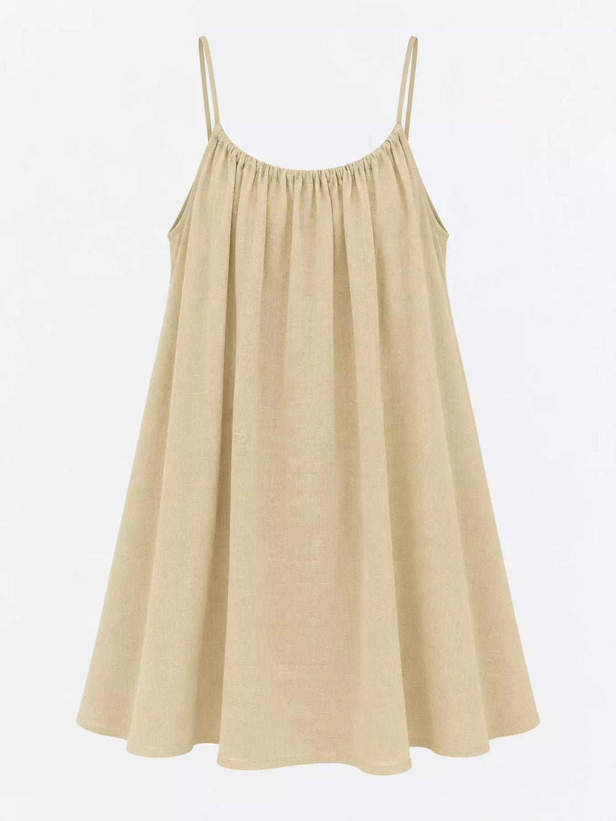 Light cream spaghetti strap mini dress with gathered neckline and flared A-line skirt