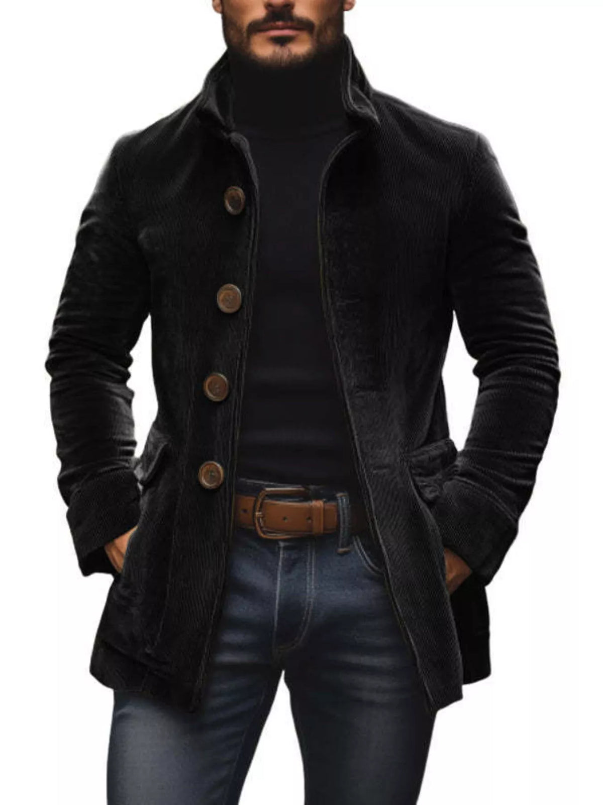 Black stand-collar single-breasted coat with button front and long sleeves
