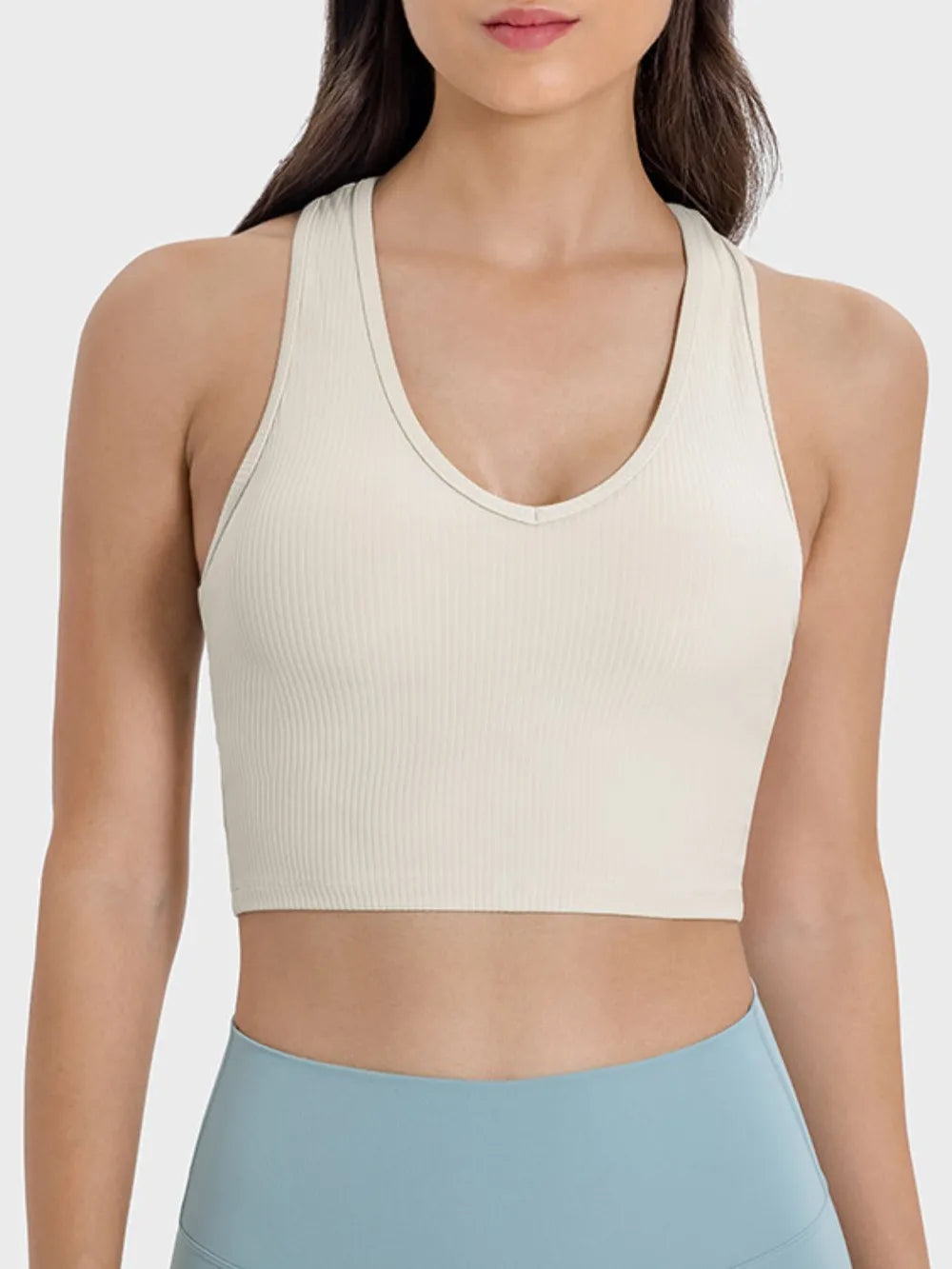 Scoop neck wide-strap active tank, cream ribbed knit front