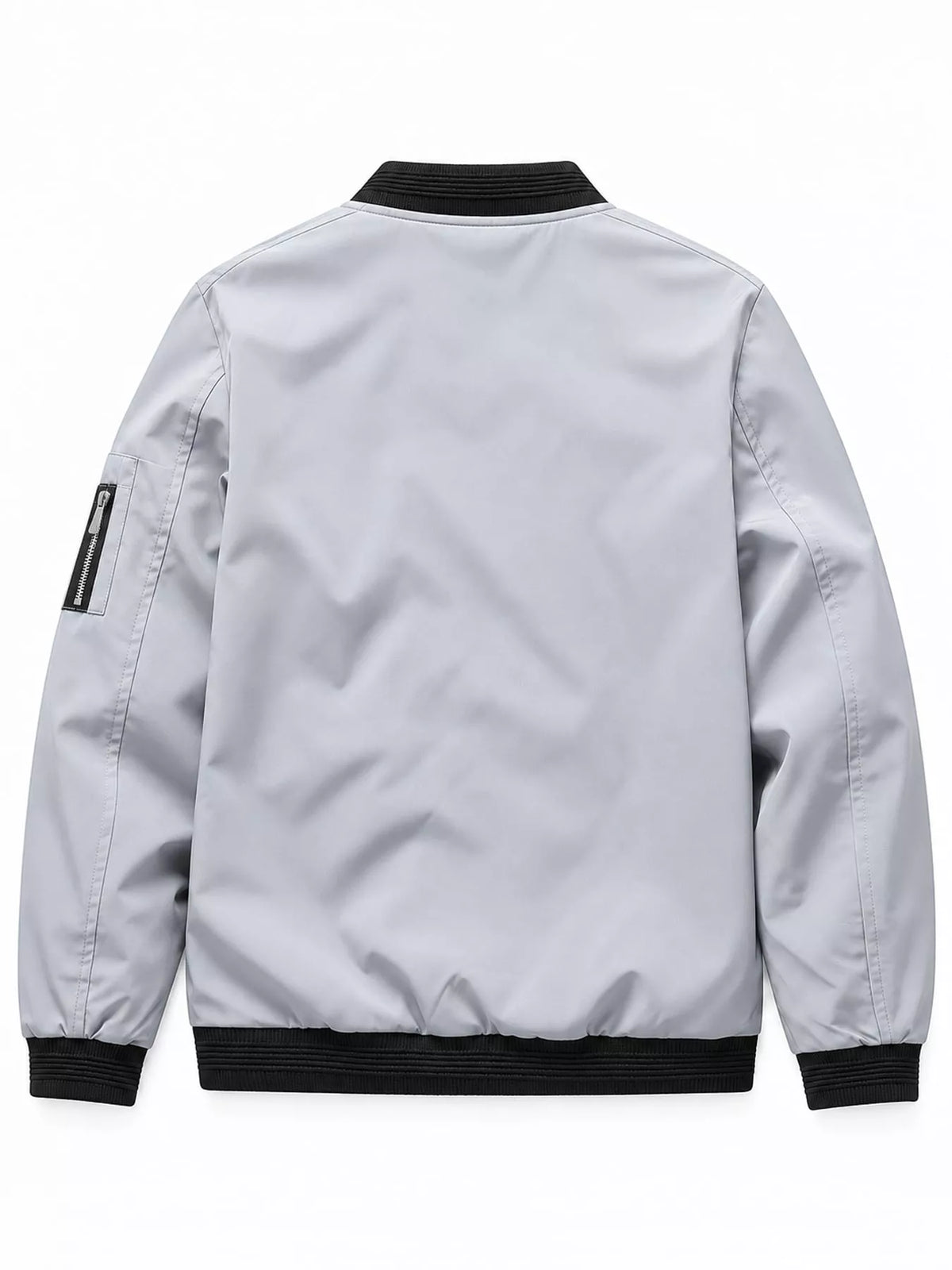 Men's lightweight bomber jacket, light gray back view with ribbed collar and cuffs